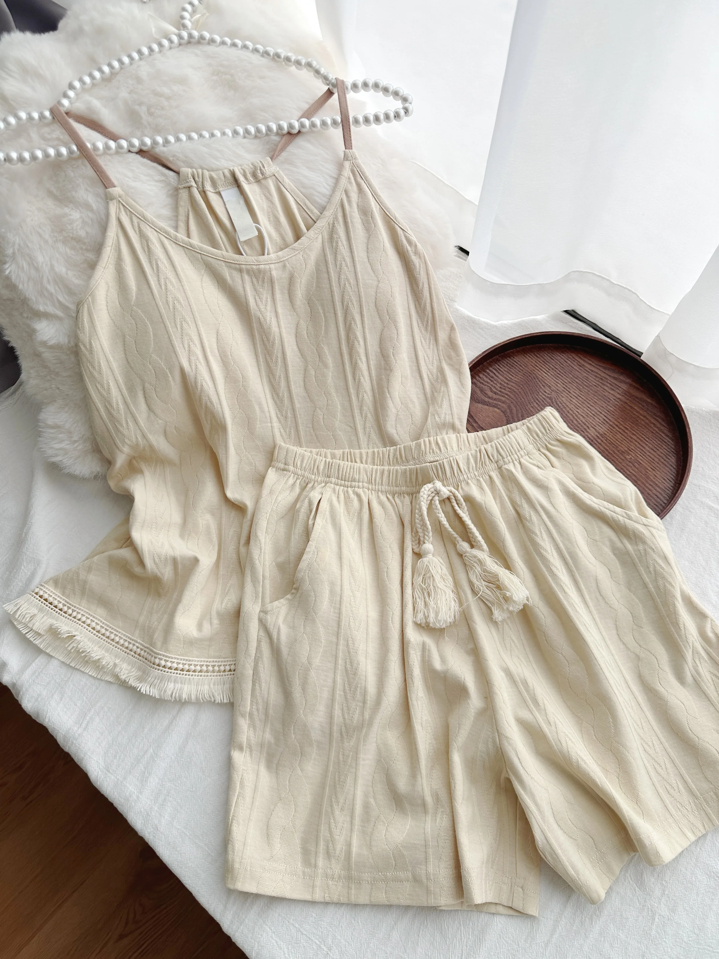 

Summer Women's Knitted Camisole Pajamas Women's Home Clothes Shorts 2-Piece Set