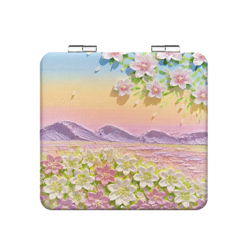 ポータブル両面折りたたみ化粧鏡チューリップスクエア拡大鏡ポケットコンパクトバニティハンドヘルドミラー学生ミラー