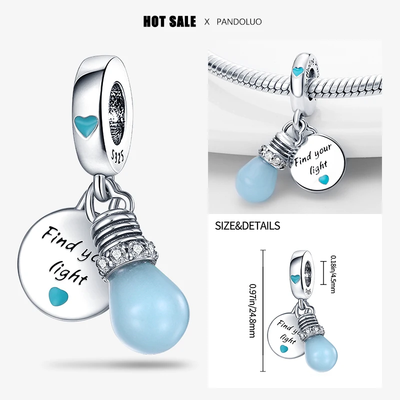 

2024 Hot Sale Blue Glow-In-The-Dark Light Bulb Charm Bead Fits Pandora Bracelet Women Silver Pendant Beads DIY Fine Jewelry Gift