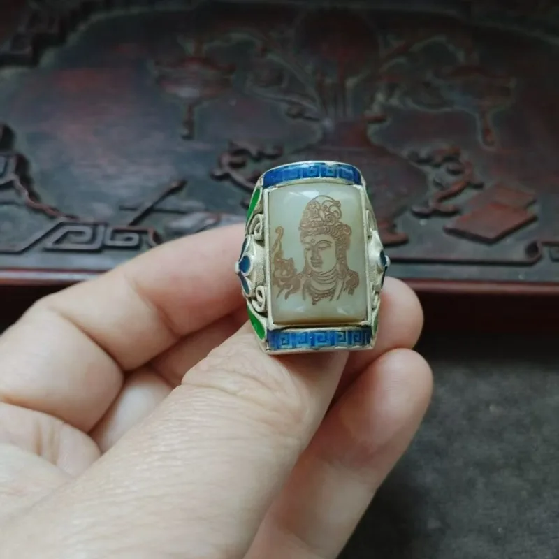 Vintage Collectible Old Silver Inlaid White Hetian Jade Guanyin Ring, Square Carved Unisex Ring with Antique Patina