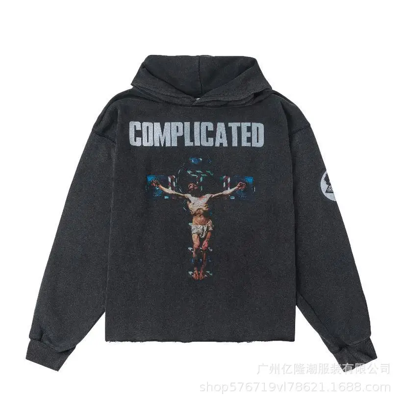Washed Loose Men's And Women's Saint Michael American Retro Portrait Hoodie Sweatshirt Casual Comfortable Streetwear #4
