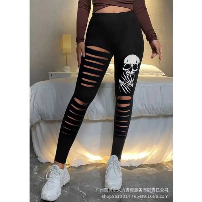 

Y2K INS Vintage High Waist Hip Lift Hole Skinny Pants Jogger Halloween Skull Skeleton Hands Gothic Leggings for Women