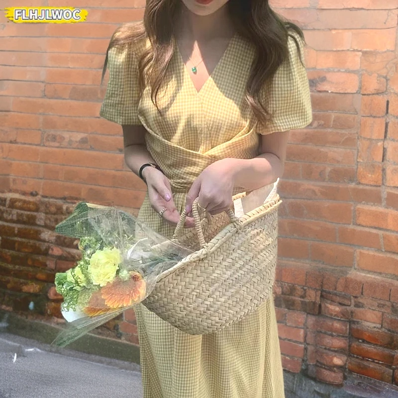 Plaid Dresses Summer Women Korean Japan Preppy Style Clothes V Neck Pink Yellow Cross Criss Lace-Up  Vintage Cotton Blends Dress