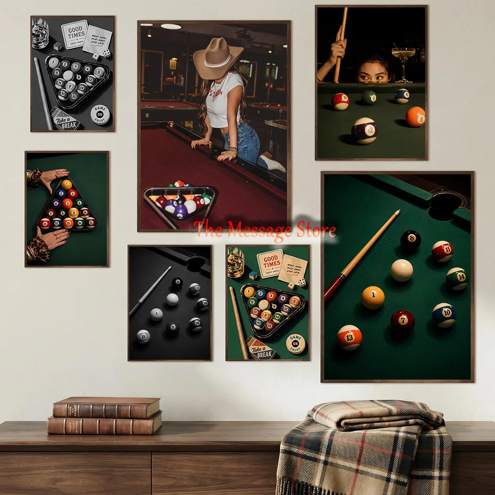 Pool Billiard Vintage Bar Cinematic Nightlife Retro Americana Style Woman Pool Balls Poster Canvas Painting Wall Pictures Decor