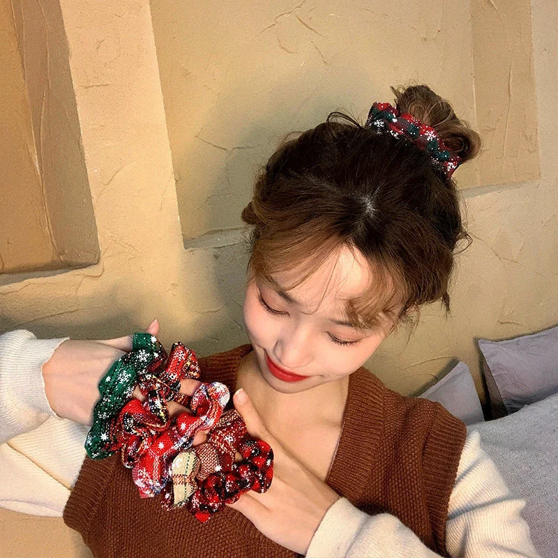 레트로 크리스마스 눈송이 패브릭 헤어 로프 여성용 패션 하이 포니테일 헤어 타이 소녀용 머리카락 손상 없는 스크런치