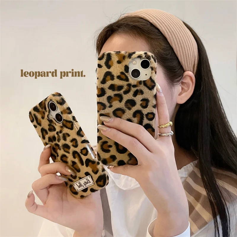 

Brown Leopard print Plush label trend Phone Case for iPhone 12 13 14 15 16 17 Pro Max Winter Warm Fluffy Soft Shockproof Cover