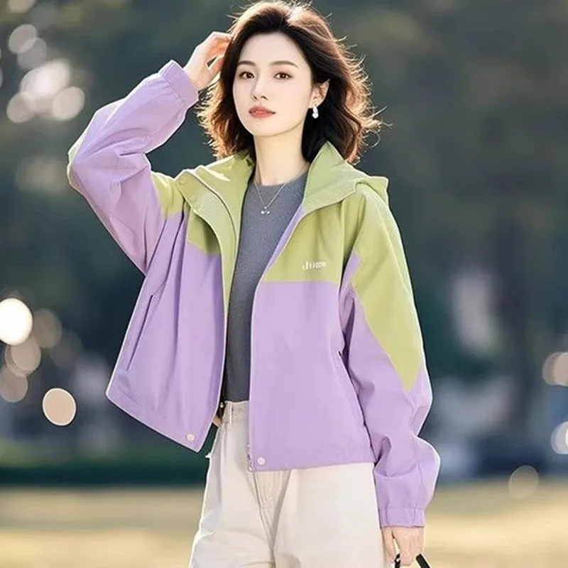 

2025 женская куртка на молнии с длинными рукавами на подкладке, весна-осень, женское новое повседневное пальто с капюшоном, корейская женская модная верхняя одежда для штурмовика