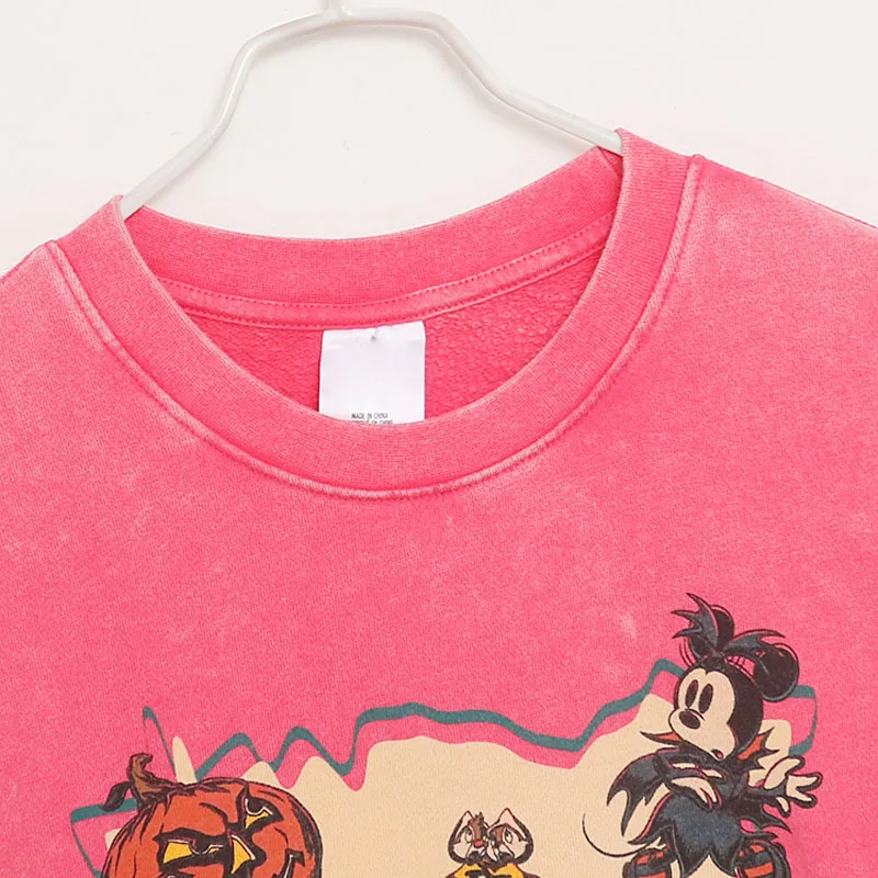 Disney Washed Distressed Fleece Sweatshirt Halloween Mickey Cartoon Jumper Women Embroidery Casual Loose Pullover Tops O Neck