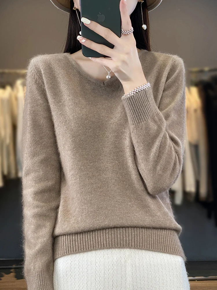 Women's 100% Mink Cashmere Sweater V-Neck Pullover Autumn Winter Long Sleeve Cashmere Knitwear Korean Popular Female Clothes