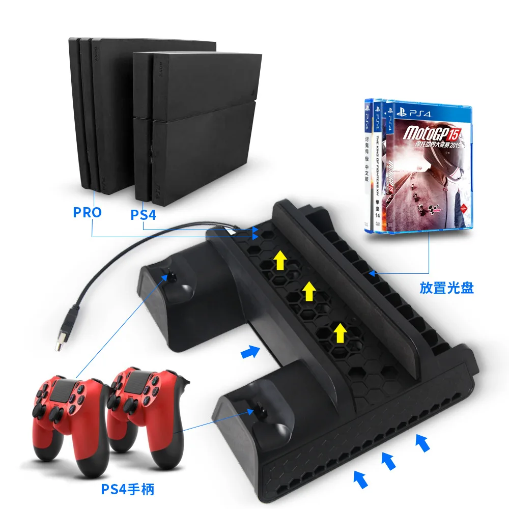 듀얼 컨트롤러 충전기 도크 및 게임 저장 슬롯이 있는 수직 스탠드 냉각 베이스, PS4 슬림 프로 게임 콘솔용, 3 팬