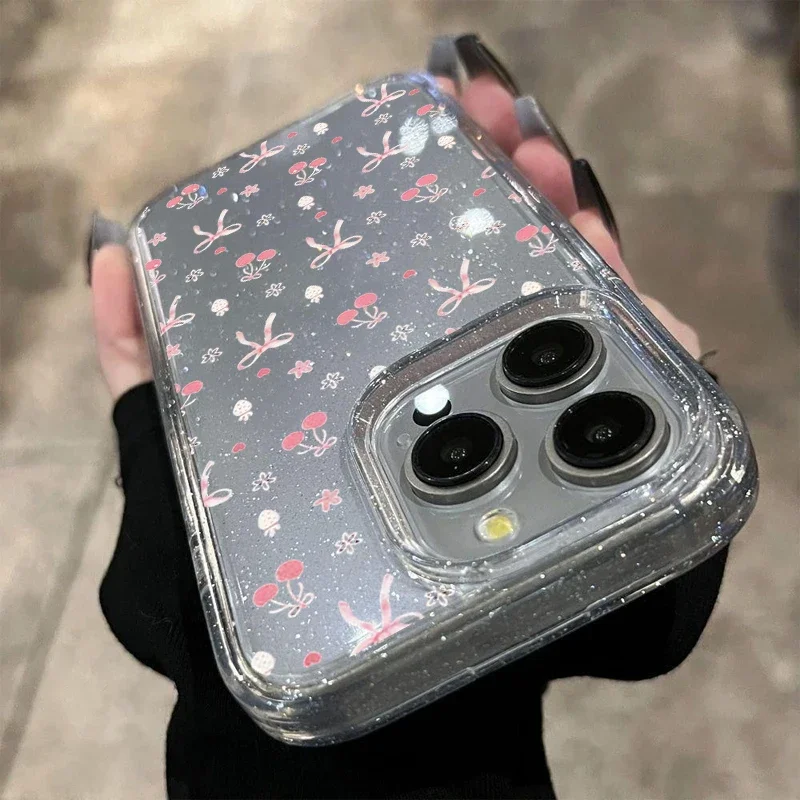 Pink Cherry Small Bow Cute Glitter Phone Case For iPhone 17 16 15 14 13 12 11 Pro MAX 17air MINI XR XSMAX 78 Plus Y2K Soft Cover view 3