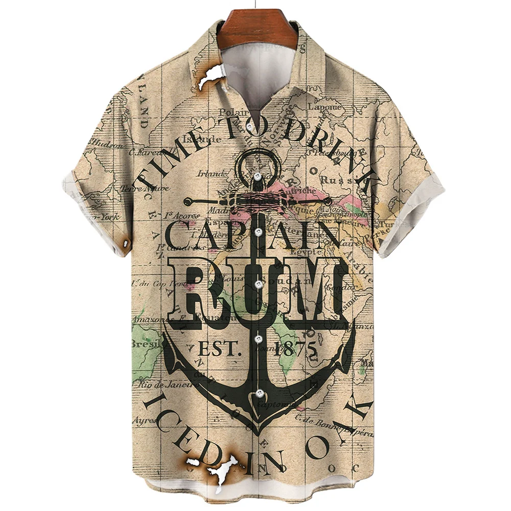 2024 Sailing Compass Men'S Shirts Summer Fashion Short Sleeve Hawaiian Shirts Man Vintage Street Shirt For Men Top Male Clothes