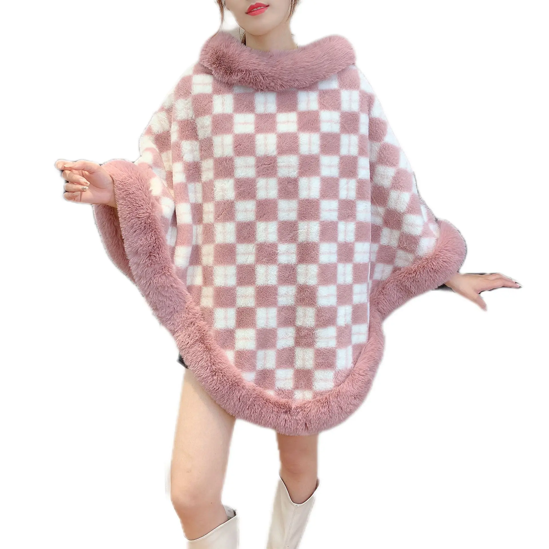 Irregular Fur Collar Plaid Color-blocked Cape Poncho Women Pullover Plush Cape Coat