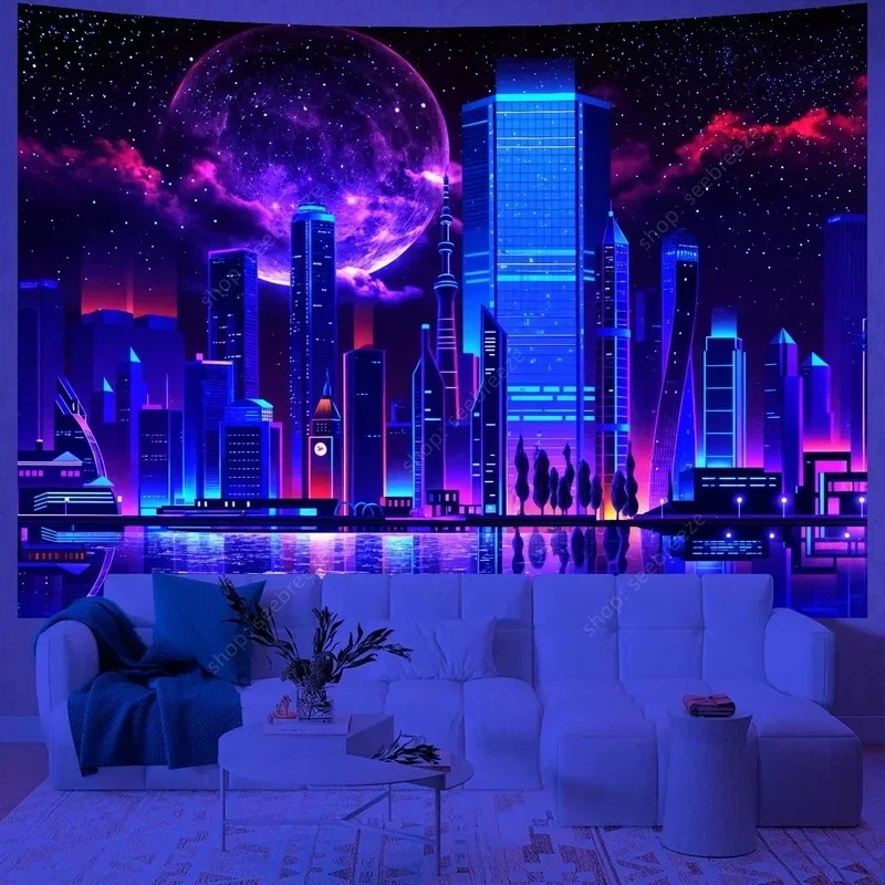 VIKAMA Firework Cityscape Tapestry Wall Hanging Night Skyscraper Harbor Scenery Design Aesthetic Backdrop for Wall Decor