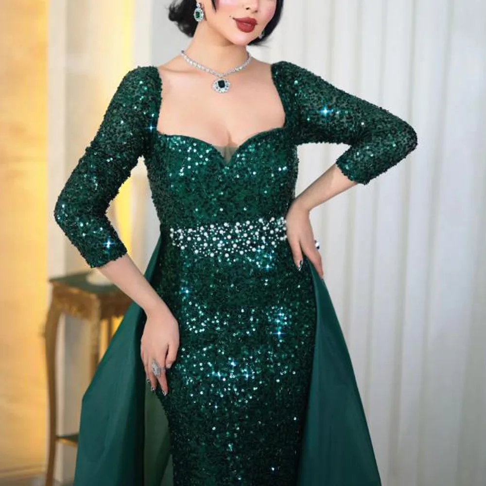 فساتين سهرة مخصصة بحورية البحر بالترتر مع ذيل قابل للانفصال ورقبة مربعة 3/4 كم فستان حفلة عيد ميلاد للنساء