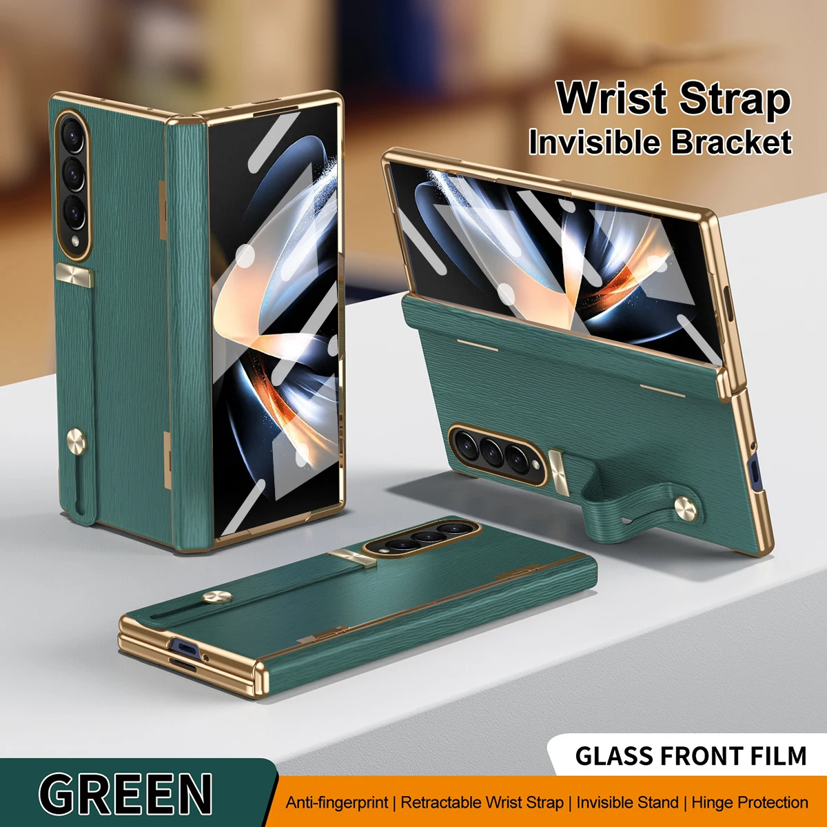 For Samsung Galaxy Z Fold 3 4 Case Faux Leathe Retractable Wrist Strap Bracket Magnetic Hinge with Mirror Film Shockproof Cover