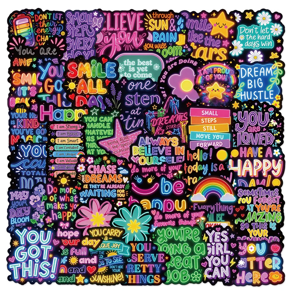 10/30/50pcs Neon Inspirational Phrase Stickers Cute Colorful Graffiti Sticker DIY Luggage Laptop Phone Case Funny Cartoon Decals