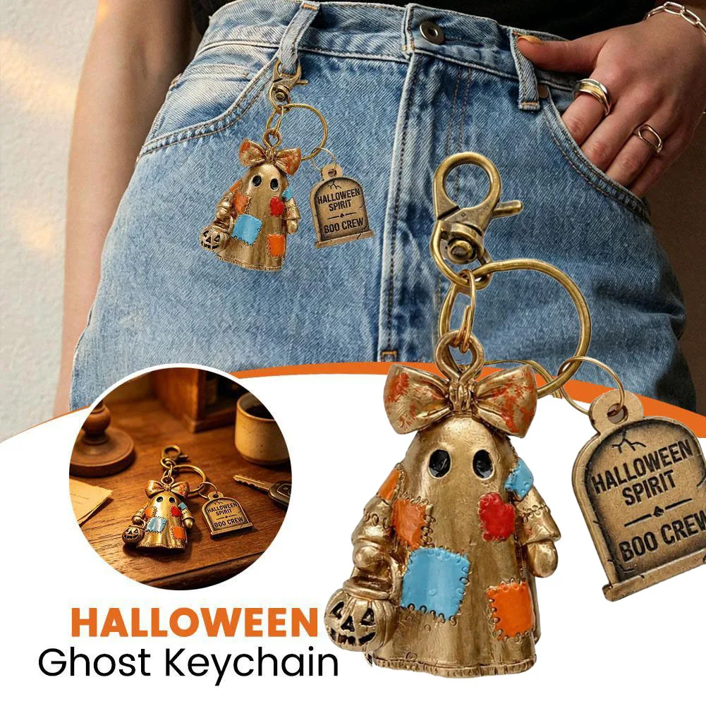 Vintage Patchwork Ghost WIth Bell Keychain Halloween Party Pendant Metal Key Ring Bag Witchy Bats Spooky Motel Keychain Gift