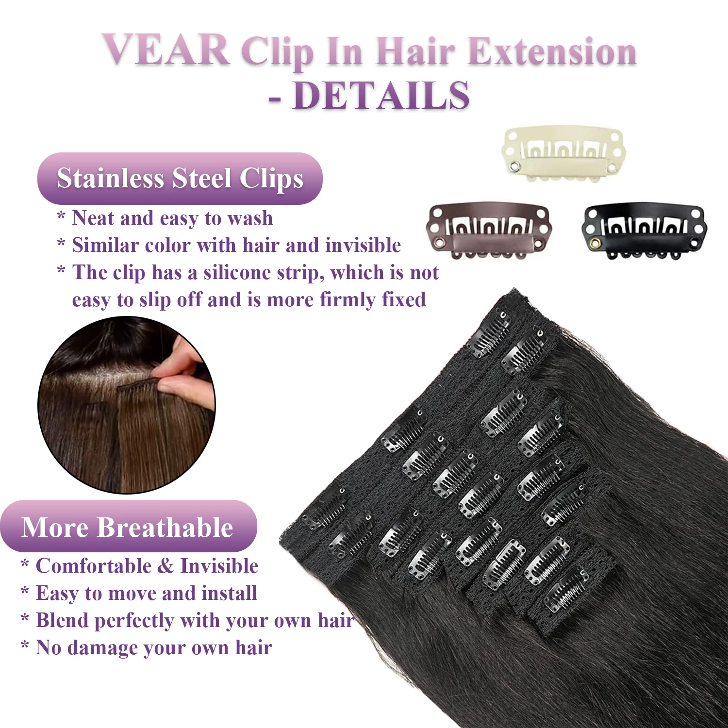 Extensions de cheveux à clipser avec 18 clips, vrais cheveux humains, cheveux raides invisibles, sans couture, double trame, 8 pièces