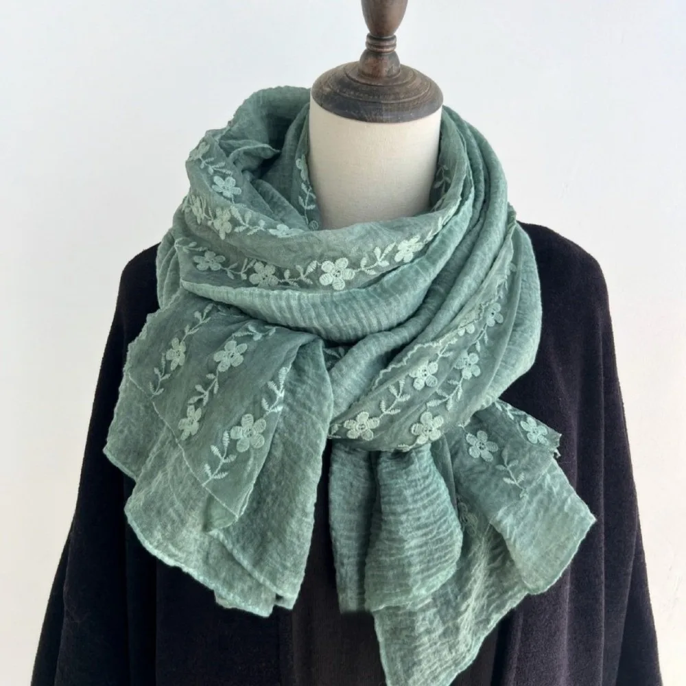 Versatile Cotton Linen Lace Patchwork Scarf Solid Color Long Thin Gauze Scarf Breathable Thin Shawl and Wrap for Women