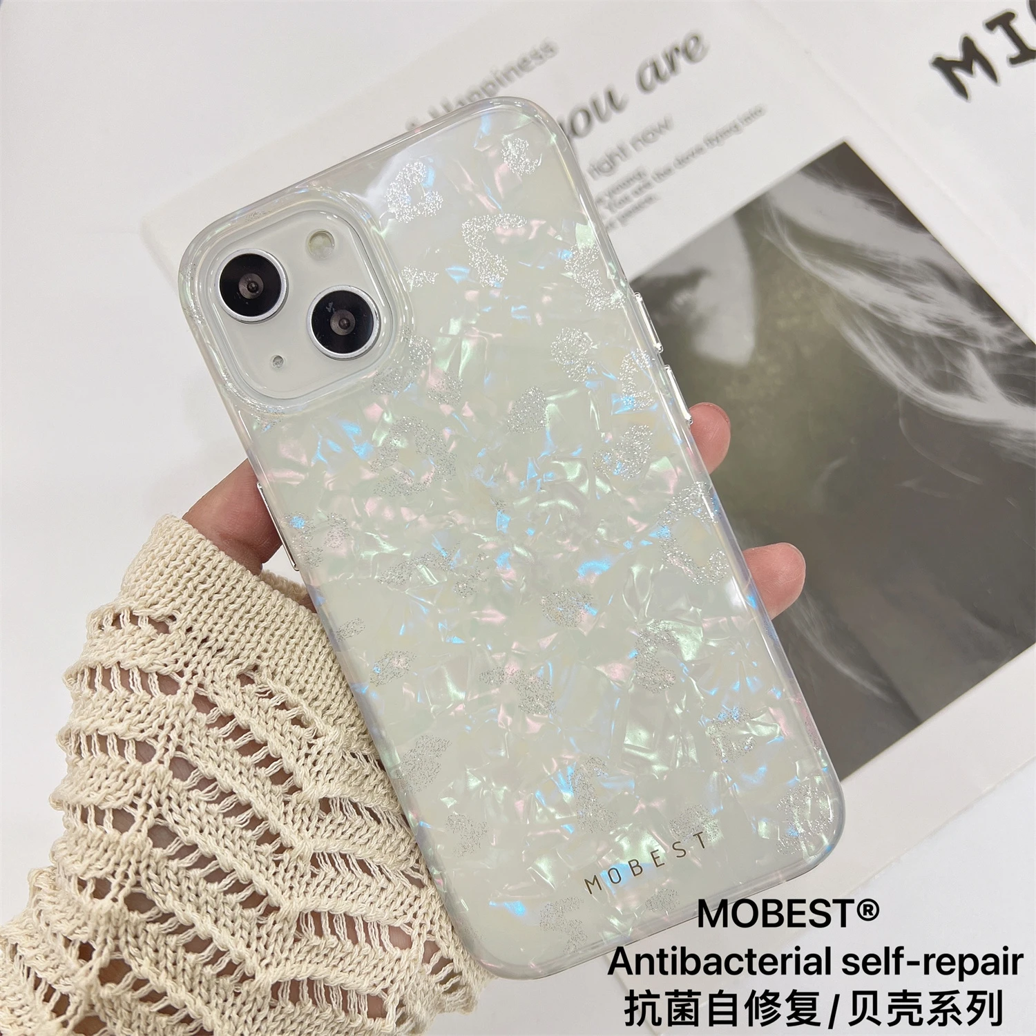 MOBEST Luxury Antibacterial Self-repair Glossy Seashell Case for iPhone 15 Pro Max 15 Plus 15 Pro 15 Shockproof Defender Cover