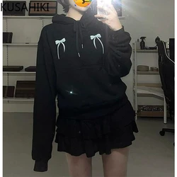 KUSAHIKI Fashion Bow Printed Hooded Sweatshirt Women Causal Pullover Top Jumper 2024 Spring Autumn New Hoodies Moletom Feminino