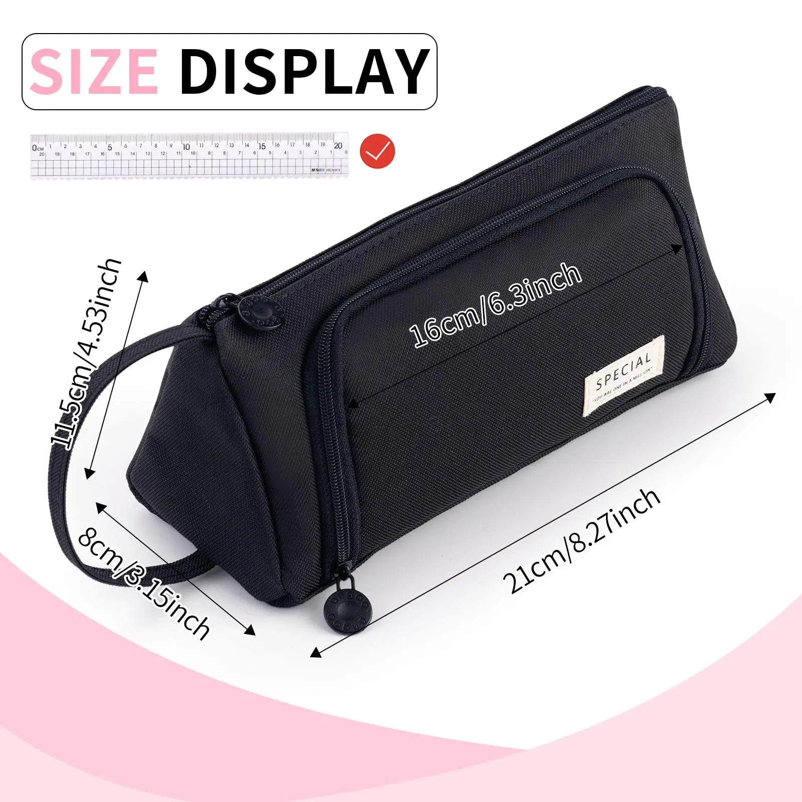 Black Triangular Oxford Cloth Pencil Case, Office Stationery Storage Bag, Study Stationery Suitable for Boys and Girls