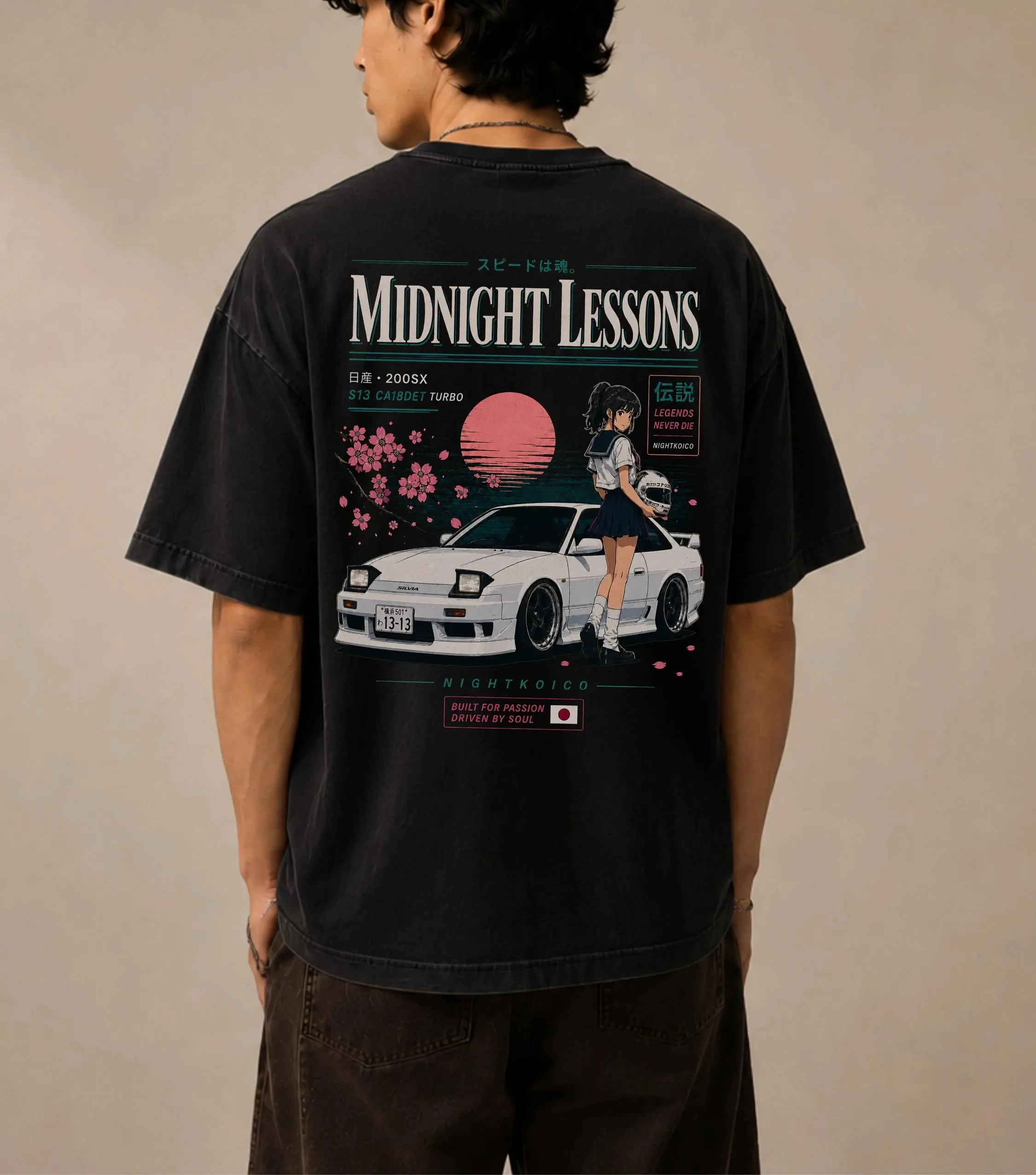 Vintage Late Night Drive Anime Girl Skyline Car Print Oversized T-Shirt JDM Unisex Streetwear Cotton Top