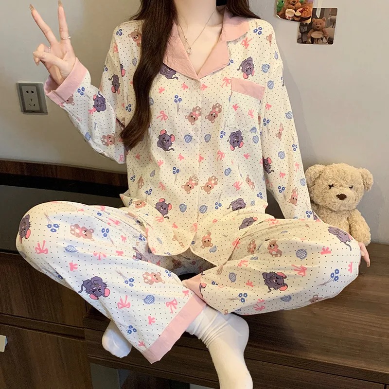 New 2025 Women Spring Autumn Pajamas Sets Sleepwear Long Sleeve Lapel Sweet Cartoon Print Homewear Female Leisure Loungewear