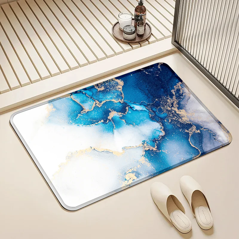 

Blue Gold Ink Pattern Door Mat Non-Slip Absorbent Floor Rug for Home Bathroom Kitchen Decor