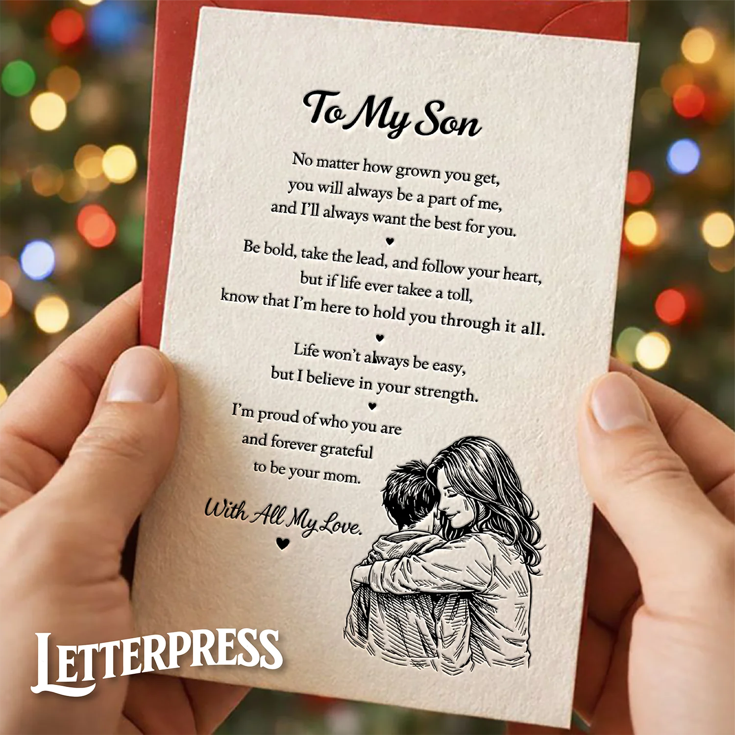 PCS, Letterpress Love Card for Son, “To My Son” Emotional Message Greeting Card, Mother and Son Illustration, Minimal Vintage