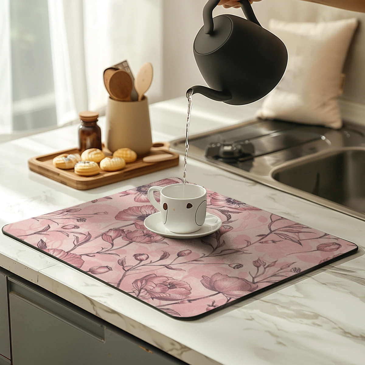 1pc Drying Mat Plants and Flowers Cosmos Non-Slip Absorbent Mat Tableware Kitchen Counter Drain Mats Placemats for Table