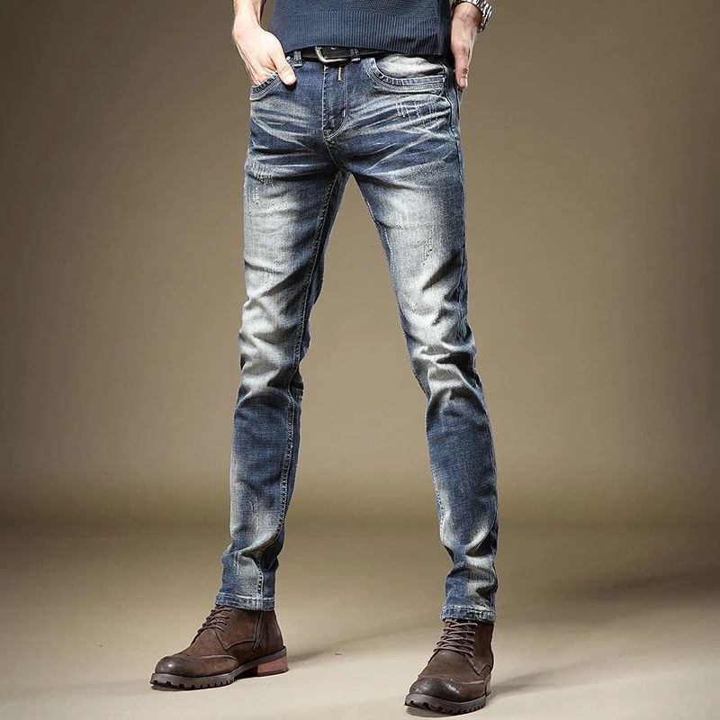 

With Pockets Trousers Jeans for Men Skinny Slim Fit Autumn Clothing Wide Leg Cotton Luxury Regular Man Cowboy Pants Tight Pipe