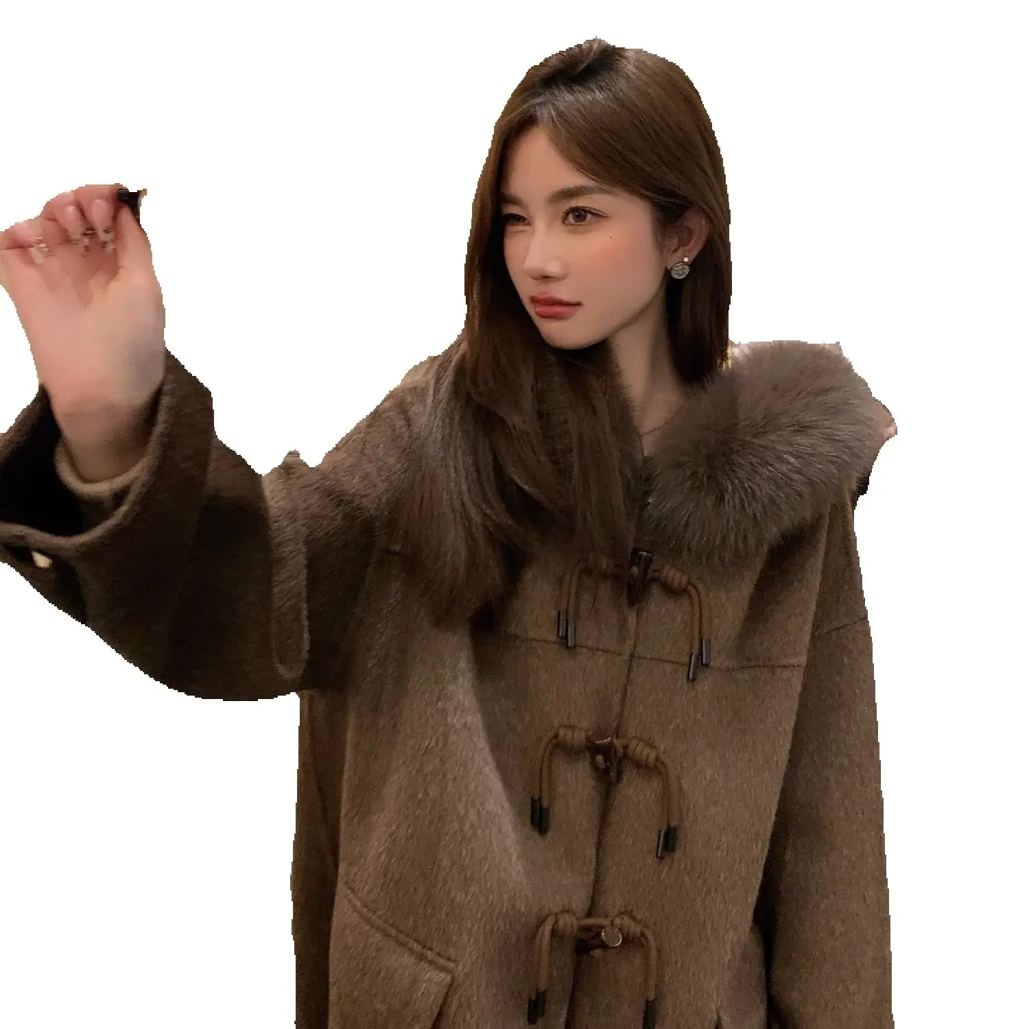 2025 Horn-buttoned full cashmere coat, autumn and winter, petite woolen coat, fox fur hooded girl