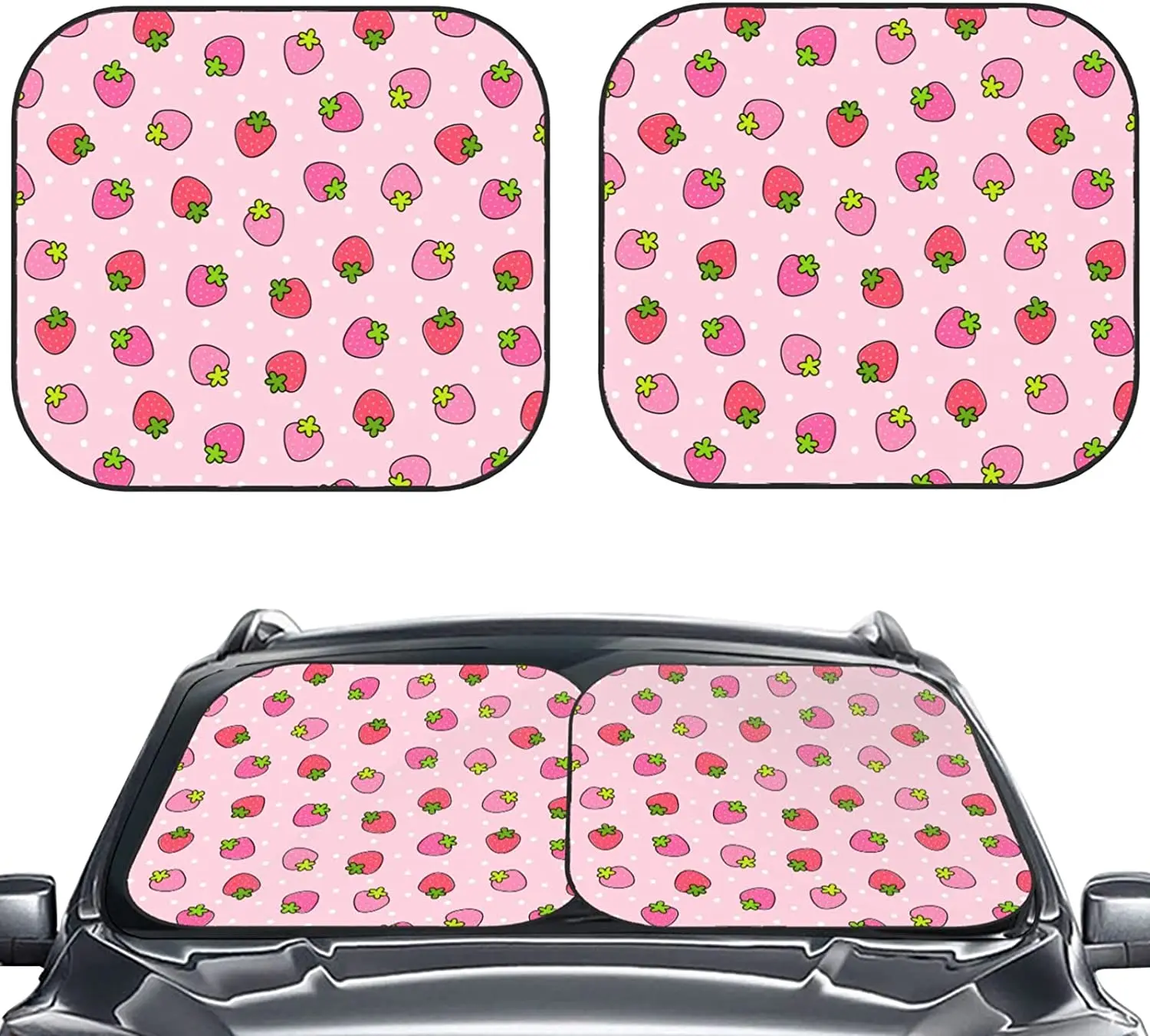 

KiuLoam 2 Piece Car Windshield Sun Shade, Cute Strawberry Pink Print Sunshades Sun Visor Protector Blocks UV Rays Foldable Keep