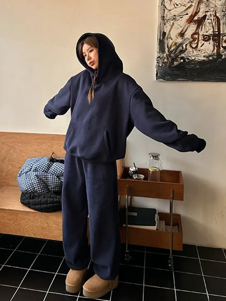 Spring Blue Hoodies Set Women Solid Color Loose Hooded Pullover Straight Pants Casual 2pcs Sets Autumn Korean Sports Suit Female