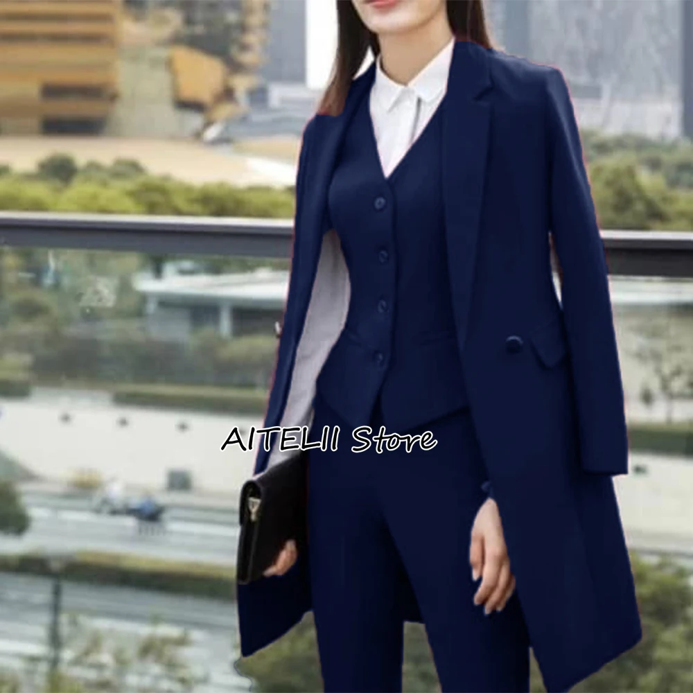 Ladies Office Pantsuit 3 Piece Single Breasted Set Women\'s Dress Suit Long Jacket Blazer Vest Pants Slim Fit Formal Outfits