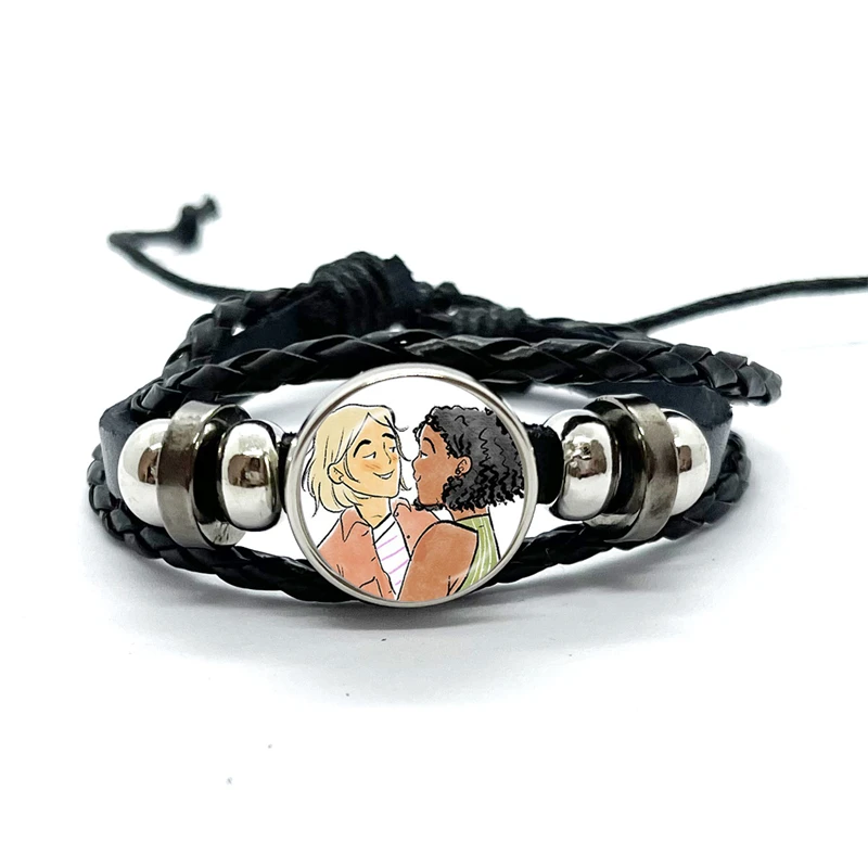 Movie Heartstopper Bracelet for Men Couple Gay Pride Rainbow Glass Button Charm Woven Leather Bracelets Bangle Fans Gifts