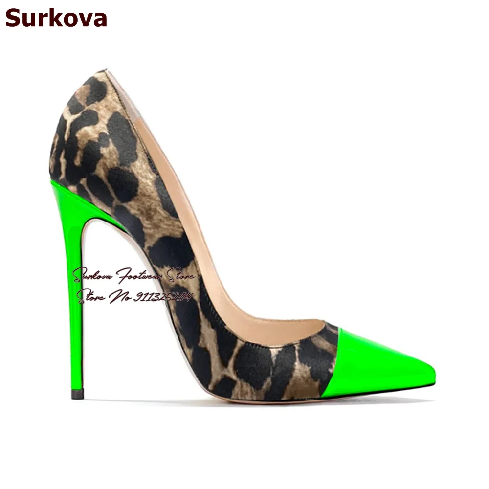 Surkova Leopard Satin Cloth Neon Yellow High Heel Shoes Sexy Color Patchwork Pointed Toe Wedding Pumps Pink Green Stilettos