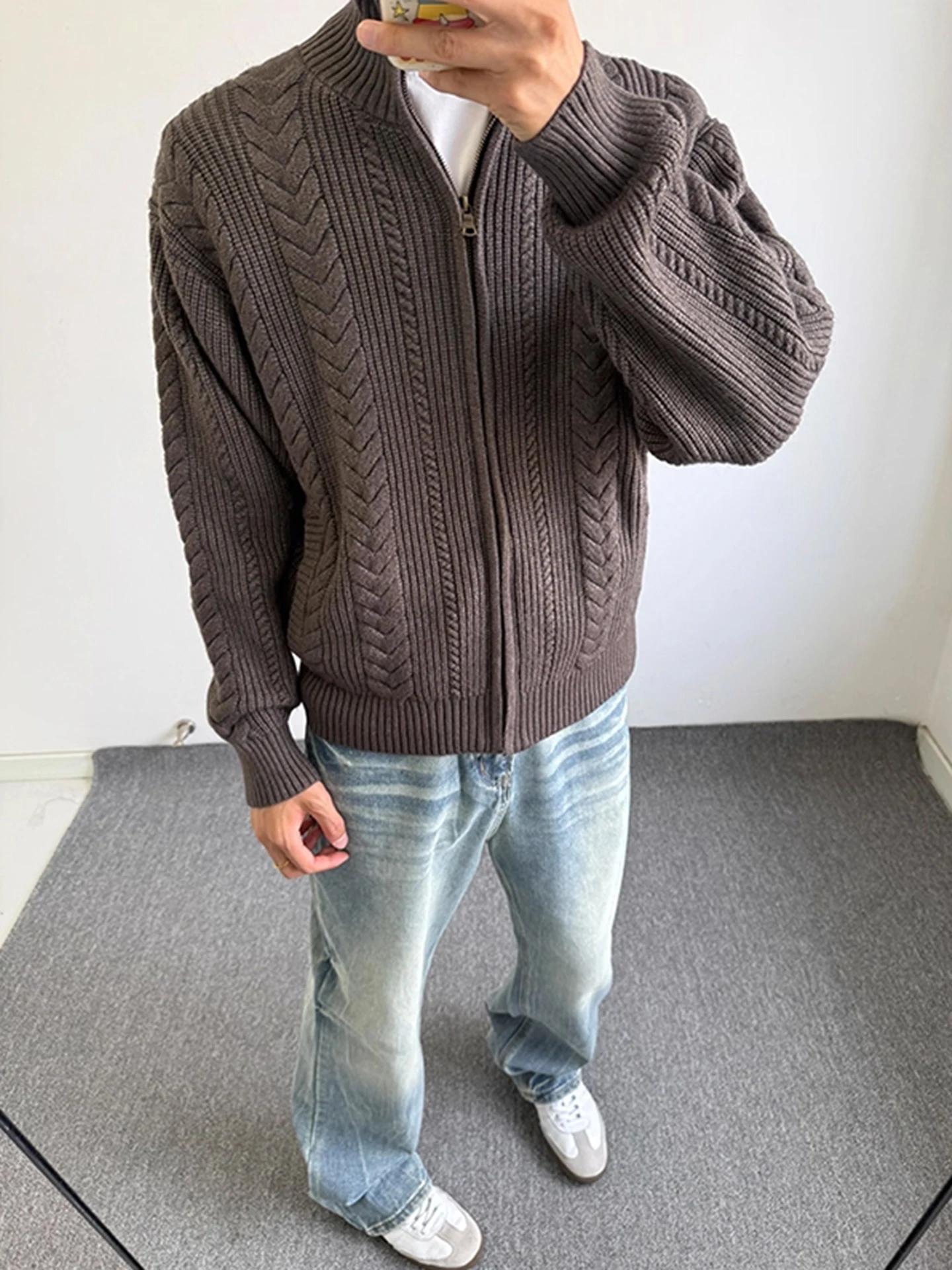 

Мужской вязаный кардиган с высоким воротником, узором «пшеничный колос», в американском стиле, осенний, модный, мягкий, с длинными рукавами, на молнии