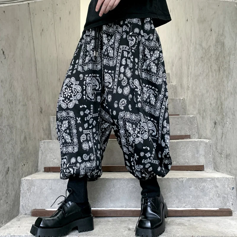 

Paisley Print Baggy Harem Pants Men Chic Hippie Cross Japanese Dark Yamamoto Style Trousers Loose Aladdin Lantern Linen Patalon