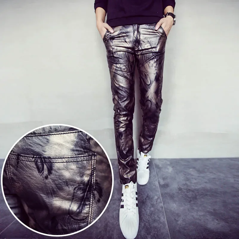 YASUGUOJI New 2022 Autumn Punk Style Fashion Print Pu Leather Pants Men.slim Fit Pencil Pants Pantalon Homme Men\'s Clothing