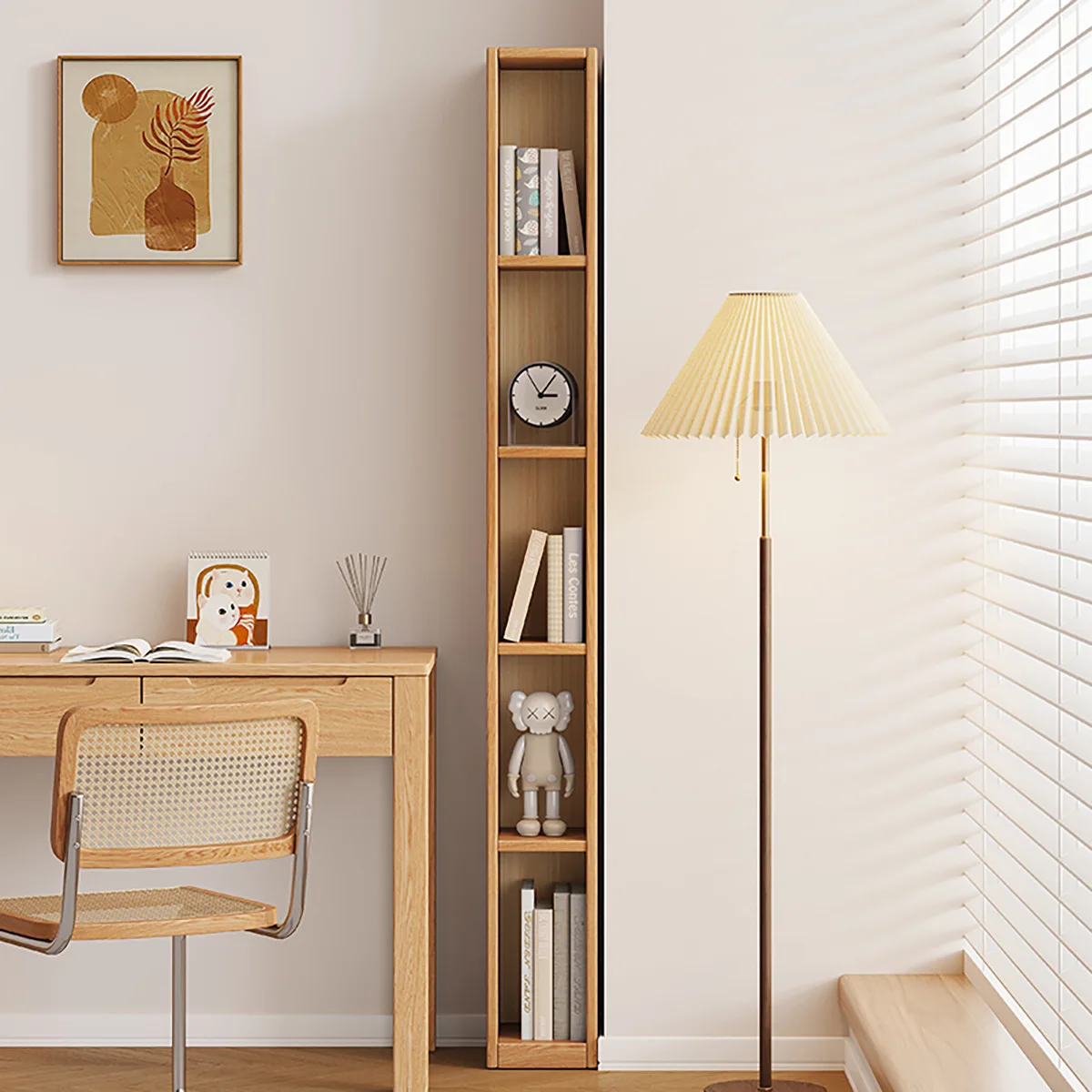 Nordic solid wood bookcase household floor ultra-narrow bookshelf log wind red oak lattice crevice cabinet storage locker