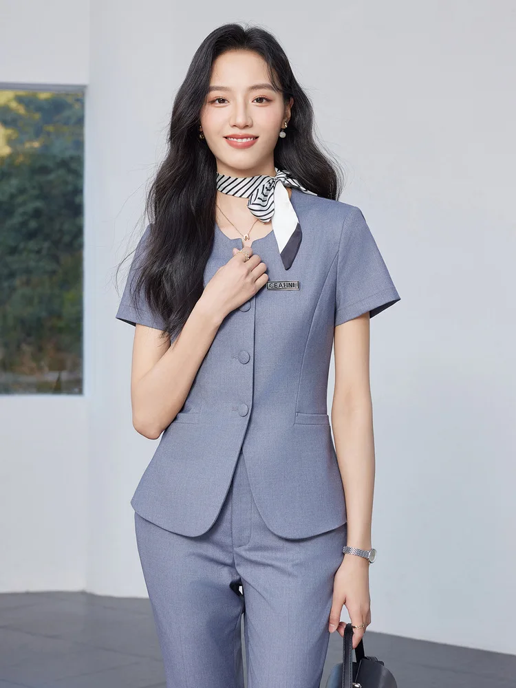 

Элегантный женский костюм с короткими рукавами, новая деловая одежда для руководителей ювелирных магазинов, рабочая форма для администраторов салонов красоты.
