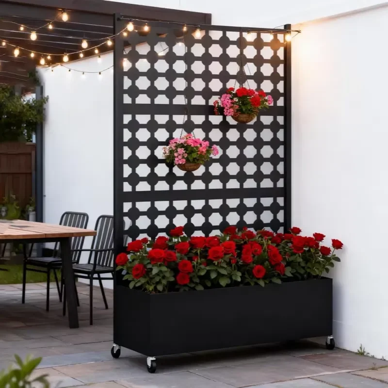 Customize Modern Black Outdoor Privacy Screen with Planter Box Metal Garden Trellis for Home Use Climbing Plants & Vegetables