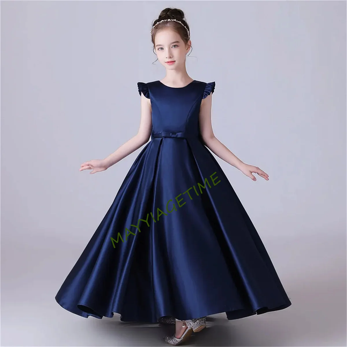 Navy Blue Satin Sequin Girl Dresses Formal Princess Gown Party Dress For Girls Junior Concert Birthday