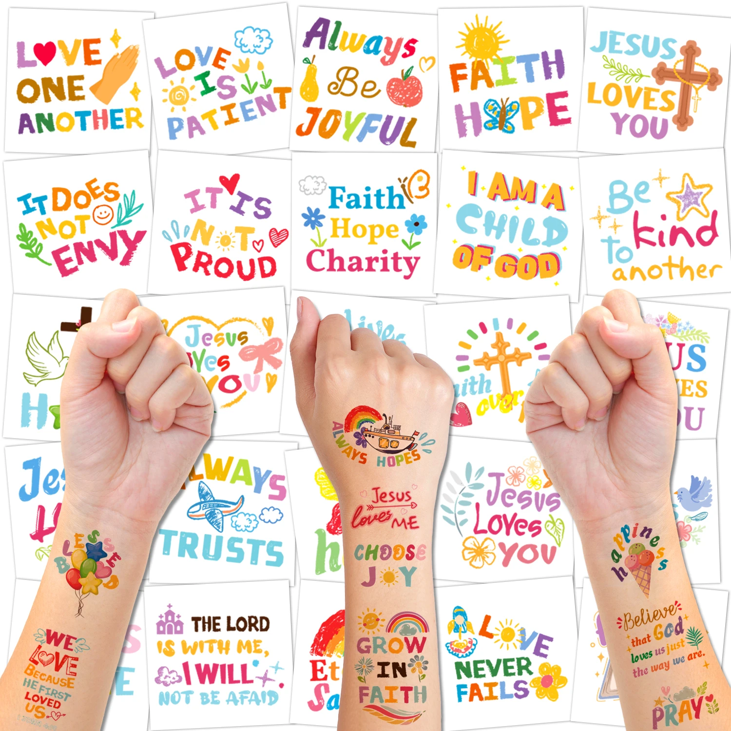 Religious Bible Verse-Themed Temporary Tattoos, featuring crosses and inspirational phrases, are suitable for various scenarios.
