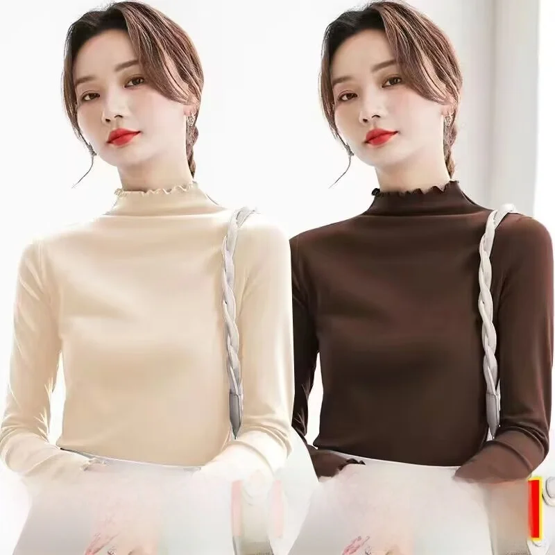 Thiened على الوجهين المخملية طويلة Sve المرأة قاعدة irt لون نقي سليم صالح ربيع الخريف ملابس داخلية تنوعا تي شيرت