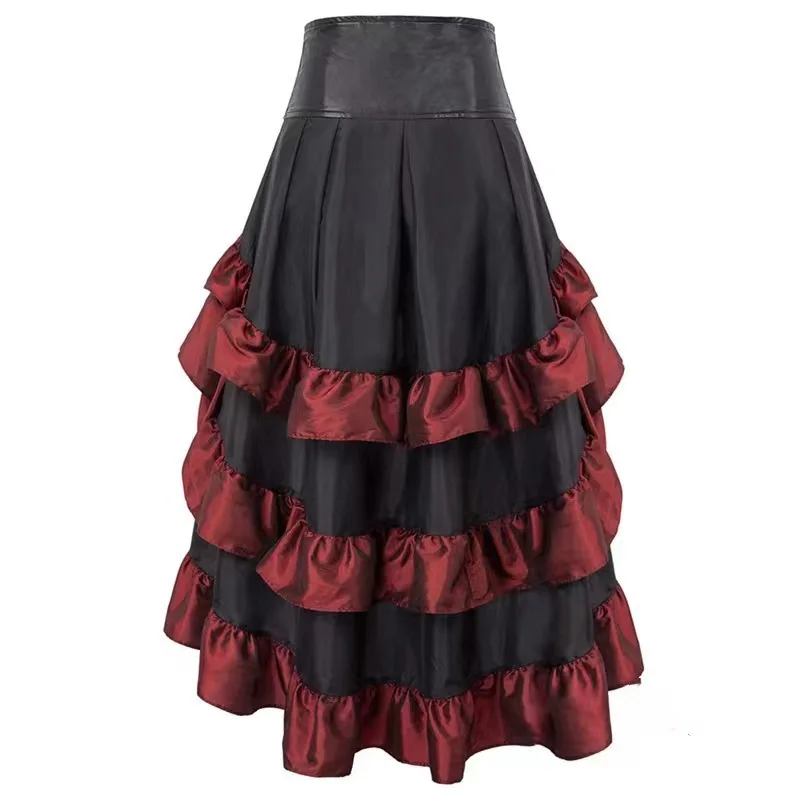French Retro Gothic Front Short Rear Long Solid Color Ruffles Pu Splicing Skirt Girls Punk Irregular High Waist Long Cake Skirts