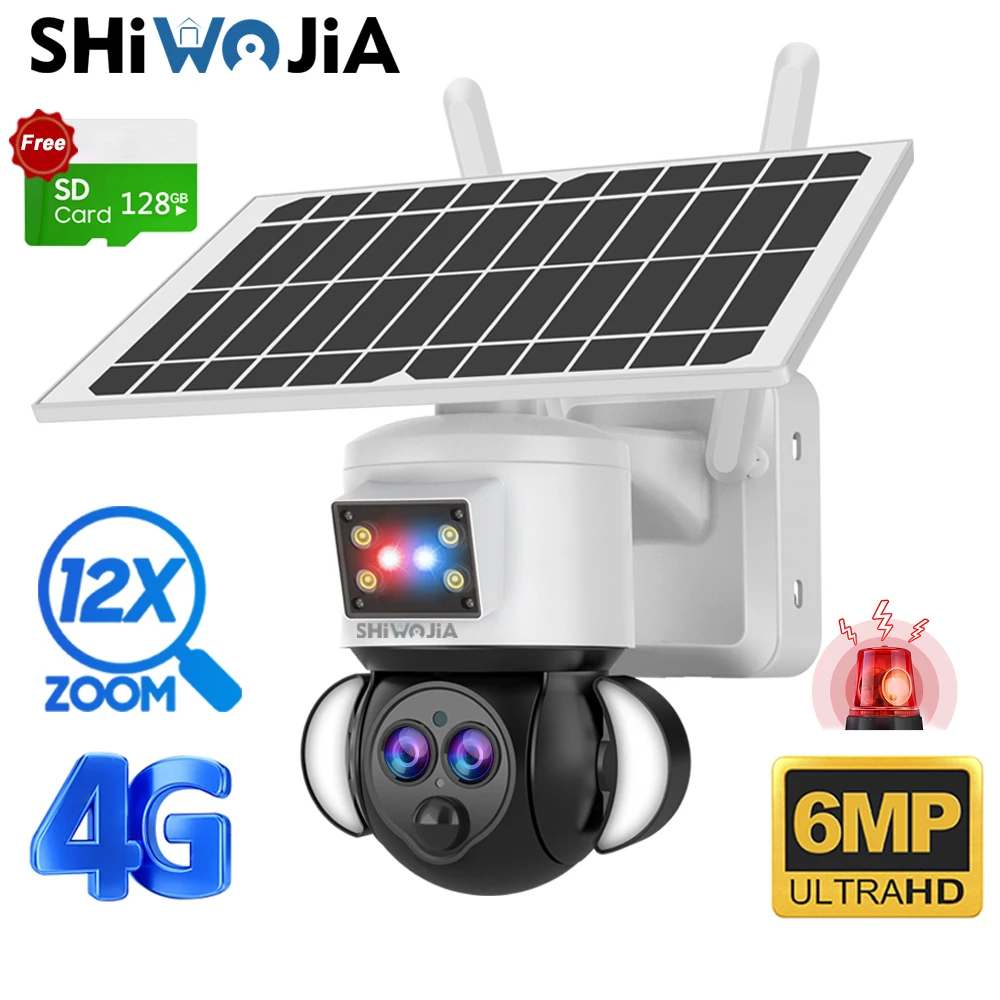 

SHIWOJIA 3K 6MP 4G Solar Camera 12X Optical Zoom Dual Lens Outdoor Camera Humanoid Tracking CCTV AI Red-Blue Light Alarm